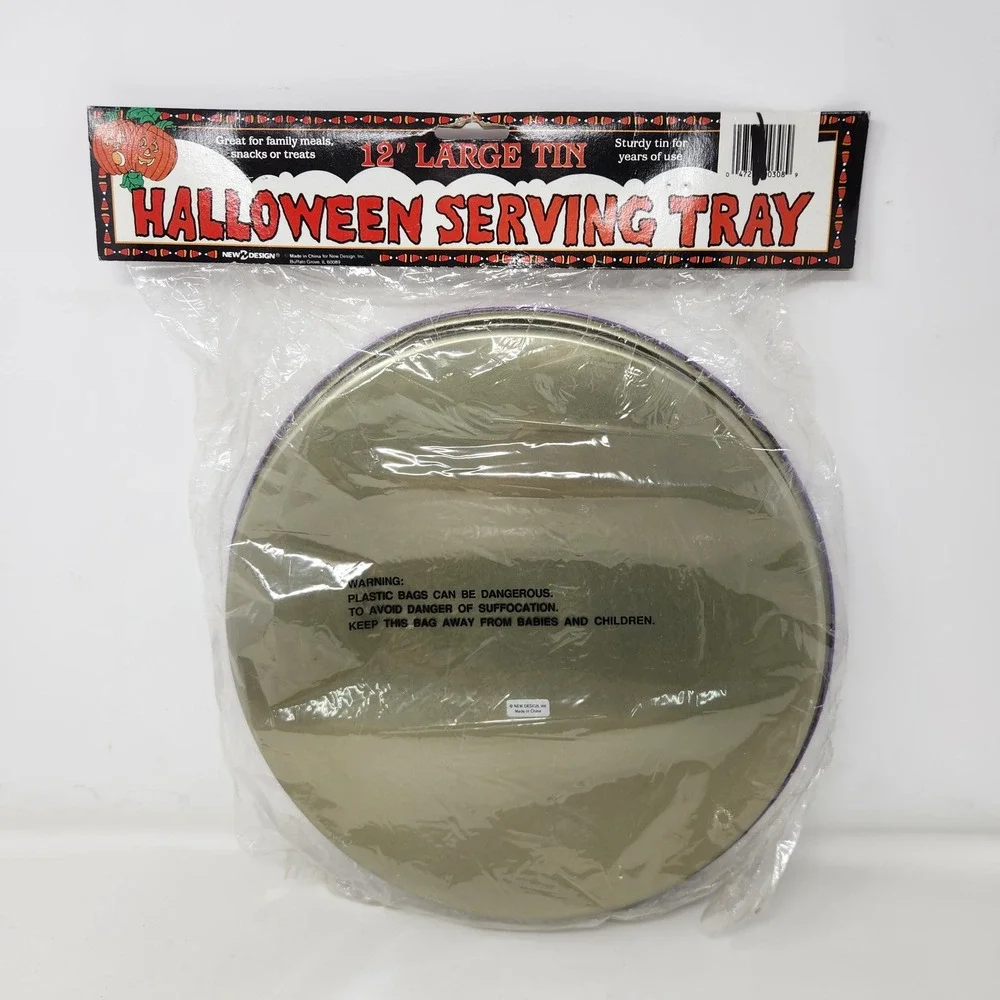 Vintage New Design 12 Inch Halloween Serving Tray Tin Black Cat Purple Round NIP